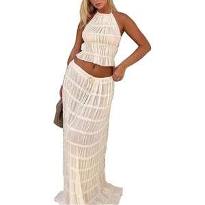 Conjunto Maxi de Dos Piezas Estilo Boho Chic, Color Blanco, Cintura Natural, 100% Algodón Ecológico, Largo hasta el Suelo - Product Image 1