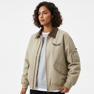 <b>Men's</b> Casual <b>Blouson</b> <b>Jacket</b> Solid Color Turn-down Collar Zipper Embroidered Logo Front Pocket Design Worsted Fabric Breathable - Product Image 4