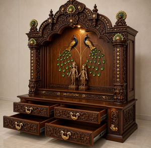 Mandir en bois au design paon pour salle de prière, temple domestique de designer en teck massif avec rangement, temple indien haut de gamme au design paon, USA - Product Image 5