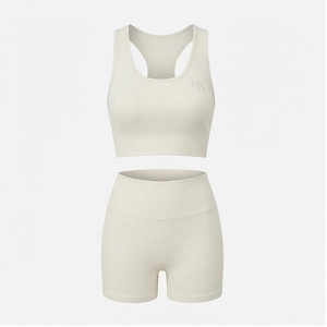 Ensemble de yoga côtelé 2 pièces : short taille haute et brassière de sport dos nageur, couleur unie, respirant, sans couture, vêtements de sport pour femme - Product Image 1