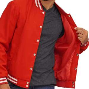 Men's <b>Red</b> Varsity Jacket With White Trim And Silver Buttons Casual Style Regular Fit Polyester <b>Material</b> Autumn Wear - Product Image 6