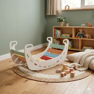 Balançoire scandinave en bois pour enfants, design semi-circulaire, écologique, avec dossier robuste. - Product Image 6