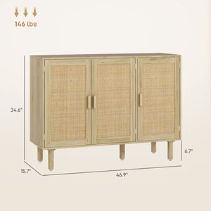 Buffet bohème fait main de 46,9 pouces avec 3 portes en rotin et étagères pour salle à manger ou couloir de villa, aspect naturel - Product Image 3