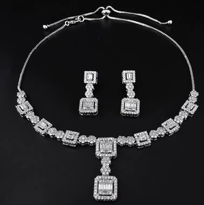 <b>Silver</b> Plated Square Moissanite Jewelry <b>Set</b> <b>Necklace</b> <b>Earrings</b> Bracelet Geometric Bridal Wedding Party Gift - Product Image 1