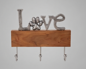 Premium Love Paw Print Wooden Key <b>Rack</b> With 3 Metal Hooks Wall Mounted Rustic Style Decor - Product Image 1