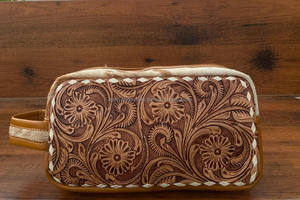 Hand Tooled Leather Cosmetic Storage <b>Bag</b> Cowhide <b>Large</b> Capacity Women <b>Makeup</b> Organizer Travel Toiletry Wash <b>Bag</b> With Zipper - Product Image 2