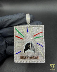 Premium <b>Square</b> Fish Mouth Pendant with Moissanite Diamonds in Solid 925 Silver pendant - Product Image 3