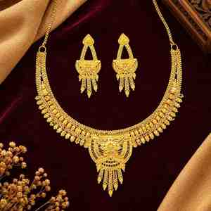 ขายส่งชุดเครื่องประดับทองชุบ 14K 18K 24K ลายดอกไม้แบบดั้งเดิม สร้อยคอสั้น ต่างหูทองเหลือง แฟชั่นเครื่องประดับงานแต่งงาน - Product Image 2