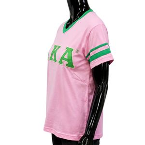 เสื้อยืดคอวีลายทางสีชมพูเขียว แขนสั้น แฟชั่นลำลองสำหรับผู้หญิง ลายตัวอักษร เสื้อผ้าสตรี สตรีทแวร์ ขายส่ง - Product Image 2