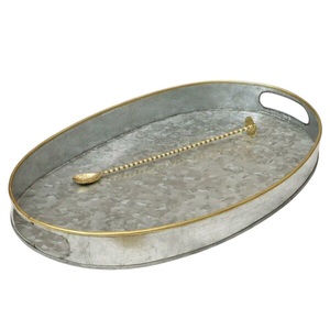 Vintage Galvanized Metal Serving Tray with Gold Rim Farmhouse Decorative Platter for <b>Coffee</b> <b>Table</b> Centerpiece <b>Oval</b> Tray - Product Image 1
