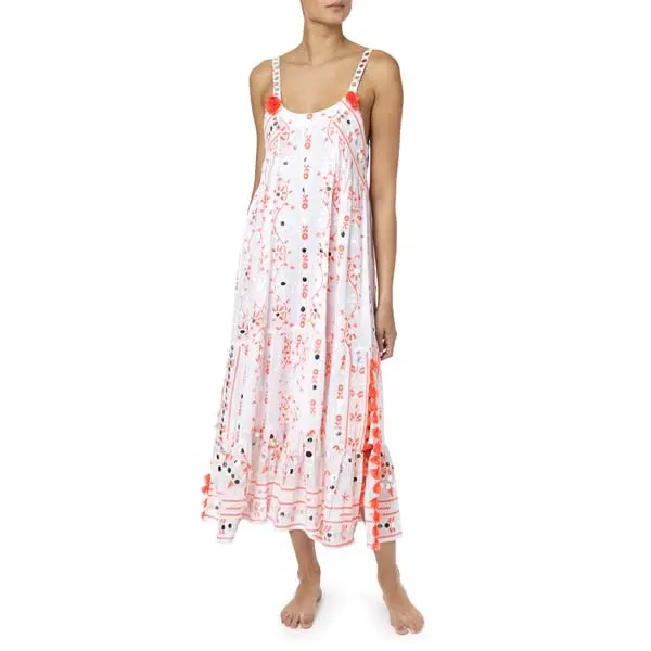 Nomad Print Maxi Jurk Met Flirty Side Split & Levendige Neon Kwastje Best Selling Tribal Katoen Borduren & Spiegel Vrouwen jurk