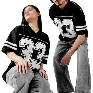 Maillot de football américain en maille respirante, coupe oversize unisexe, streetwear, avec numéro imprimé, col en V, maillot d'équipe personnalisé, t-shirt de sport noir - Product Image 5