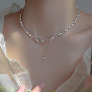 High Quality Freshwater Pearl Choker <b>Necklace</b> with <b>Double</b> Butterfly Tassel Pendant Natural Strong Light Fashionable Accessory - Product Image 1
