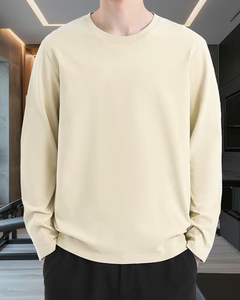 Men's Long Sleeve O Neck Solid Knitted T-Shirt 100% Cotton Regular Fit Casual Wear Blank Front Plain Dyed Breathable 180g - Product Image 1