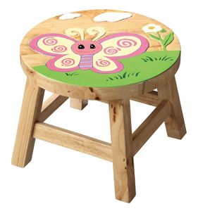 Taburete Infantil de Madera Tradicional Hecho a Mano, Otomana Redonda Pintada con Mariposas, Mini Asiento con Tablero para Dormitorio o Sala de Estar - Product Image 1