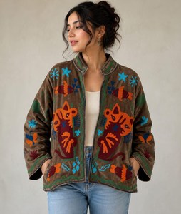 Luxurious Artistry Cute <b>Cat</b> Statement Embroidery Suzani Velvet Jacket Floral Embroidered Boho Chic Coat Winter <b>Gift</b> <b>For</b> <b>Her</b> - Product Image 1