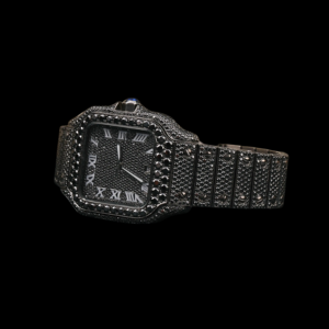 Reloj de pulsera de diseñador con esfera cuadrada totalmente engastada en diamantes de moissanita, bisel cuadrado con incrustaciones de diamantes negros y números romanos. - Product Image 2