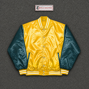 Veste de baseball premium en satin jaune brillant et bleu sarcelle foncé, style varsity, avec manches contrastées jaunes et rayures blanches - Product Image 5