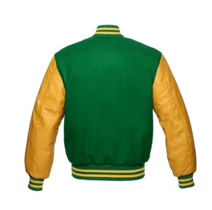 Chaqueta Varsity de Mujer con Mangas de Cuero Sintético Verde, Cuello Alto y Botones, Diseño Color Block - Product Image 2