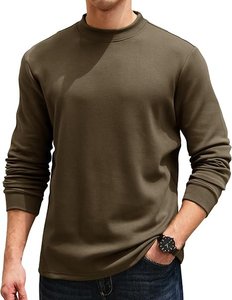 T-shirt à manches longues vert olive pour homme, couleur unie, col rond, coupe décontractée, t-shirt classique - Product Image 1