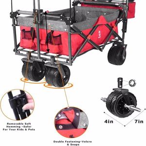 Carrello da Campeggio Pieghevole con Tettuccio Rimovibile, Grandi Ruote per Tutti i Terreni con Freno, Maniglie Regolabili, Grigio Rosso, Borsa Termica - Product Image 4