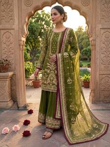 Ensembles de pantalons palazzo pour femmes, ensembles en tissu lawn pakistanais, ensembles en faux georgette de créateur pour femmes, vêtements indiens et pakistanais - Product Image 1