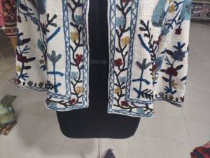 Beige Embroidered Velvet Women's Jacket Regular Winter Coat Handmade Woven Cotton Boho Stripe Linen Lining - Product Image 5