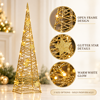 Gold Glitzer Eisendraht-Kegel-Weihnachtsbaum 40/50/60cm Vorbeleuchtet mit Warmweißen LED-Sternakzenten für Innenbereich/Hotel-Event-Dekoration