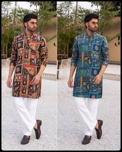 Kurta corta de crepé para uso ocasional con bordado de hilo dorado y lentejuelas, y pantalón polo de algodón grueso con bolsillos. Exportador indio. - Product Image 2