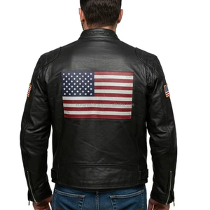 Veste de motard en cuir avec drapeau américain blanc et noir |   Blouson bomber vintage style Michael Hoban, drapeau américain, patriotique et très volumineux - Product Image 6
