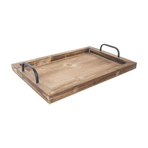 Bandeja para servir Rectangular de madera de pino natural de color quemado rústico para uso en comedor de hogar y restaurante con asas de metal al mejor precio - Product Image 3