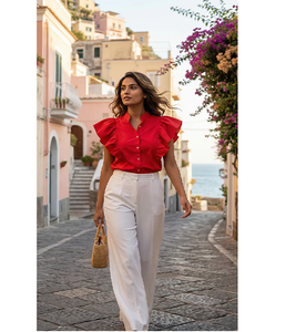 Camisa Casual Roja con Volantes, Superventas, de Algodón, para Mujer, Top de Manga Larga para Verano, Tela Ligera y Cómoda, Suministro al por Mayor - Product Image 1