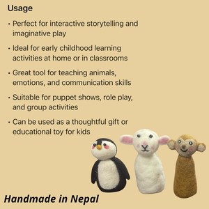 Ensemble de 3 marionnettes à doigts en feutre écologique, fabriquées à la main au Népal, en 100% laine de mouton, douces, sûres et parfaites pour les enfants. - Product Image 4