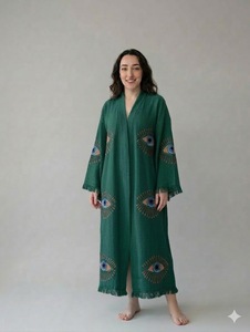 Robe longue style bohème avec broderie œil, manches longues, col en V, coupe ample, en coton et lin, pour l'été, décontractée, ourlet effiloché - Product Image 3