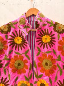 Handmade Pink <b>Velvet</b> Embroidered Suzani <b>Jacket</b> with Floral Pattern Full Sleeve Stand Collar Handmade Bohemian Winter Coat - Product Image 4