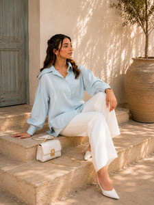 Women's Light Blue Poplin <b>Western</b> <b>Shirt</b> Lace Trim Balloon Sleeve Button Long Loose Fit Casual AARA Skylark Embroidered - Product Image 1