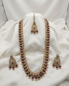 Lucentarts Jewellery Antique Gold Plated Zircon <b>Beaded</b> Long Necklace Earring <b>Set</b> MaangTikka Traditional Indian Wedding Party - Product Image 3