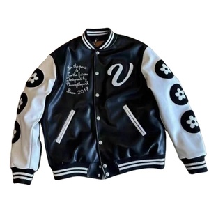 Hiver Noir Vandythepink Cuir Véritable Toile Imperméable Respirant Brodé Lettre Impression Baseball Jersey Street Patchwork - Product Image 1