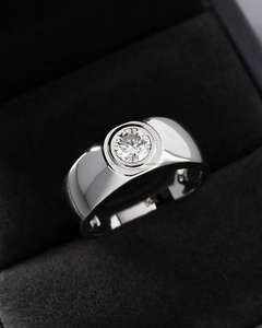 Anillo de Compromiso/Boda Vintage de Oro Blanco de 14k con Ágata Redonda de Corte Brillante Cultivada en Laboratorio IGI, Unisex, Ideal para Aniversarios y Fiestas - Product Image 1