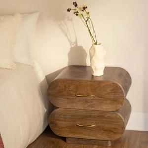 Luxury Curved Solid Teak Wood Nightstand Modern Bedroom <b>Side</b> <b>Table</b> with Double Drawer <b>Storage</b> - Product Image 1