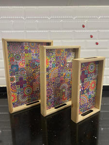 ถาดไม้อะคาเซียทำด้วยมือถาดเสิร์ฟพร้อมที่จับโลหะถาดอาหารเช้าทำจากไม้ไผ่ทรงสี่เหลี่ยมสำหรับอาหาร - Product Image 3