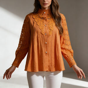 Oferta especial en Temu |   Blusa Elegante de Encaje Naranja para Mujer, Cuello Alto, Botones, Manga Larga, Camisa Casual para Uso Diario - Product Image 6