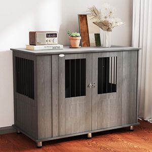 Extra Large Gray Wooden <b>Dog</b> Crate Furniture Lockable Magnetic Indoor Pet Kennel with End <b>Table</b> Design - Product Image 2