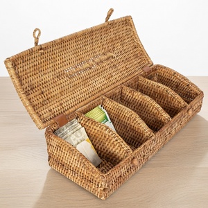 Tea bag storage <b>basket</b> handmade rattan caddy box cheap price gift packaging sectioned <b>lid</b> boxes - Product Image 2