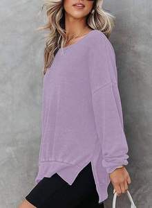 Sweat-shirt à col rond en tricot surdimensionné pour femme, manches longues, asymétrique, uni violet, pull décontracté d'automne - Product Image 6