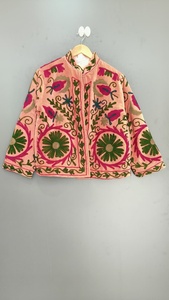 Blazer Rosa de Terciopelo Bordado con Estampado Floral, Cuello Mao, Manga Larga, Chaqueta de Primavera para Mujer - Product Image 2