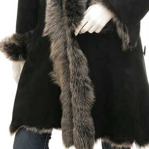Women's Regular Black Canvas Coat Fox <b>Fur</b> Collar Cuffs Breathable Windproof Winter Elegant Style Full Sleeve Detachable Lining - Product Image 3