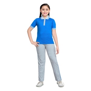 Ensemble de vêtements de sport pour filles avec logo personnalisé en gros T-shirt rose à manches courtes Pantalon de survêtement gris Groupe d'âge Enfants Confortable Été - Product Image 6