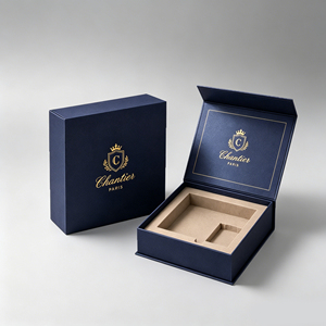 Boîte cadeau de luxe bleu marine pour bijoux avec insigne doré et insert moulé sur mesure pour la présentation de montres ou de bagues - Product Image 1