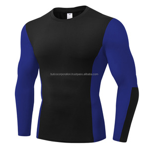 Camiseta de compresión deportiva de manga larga de Color puro para hombre, cuello personalizado, tejido elástico de punto, pantalla de seda, venta al por mayor, patrón sólido - Product Image 3